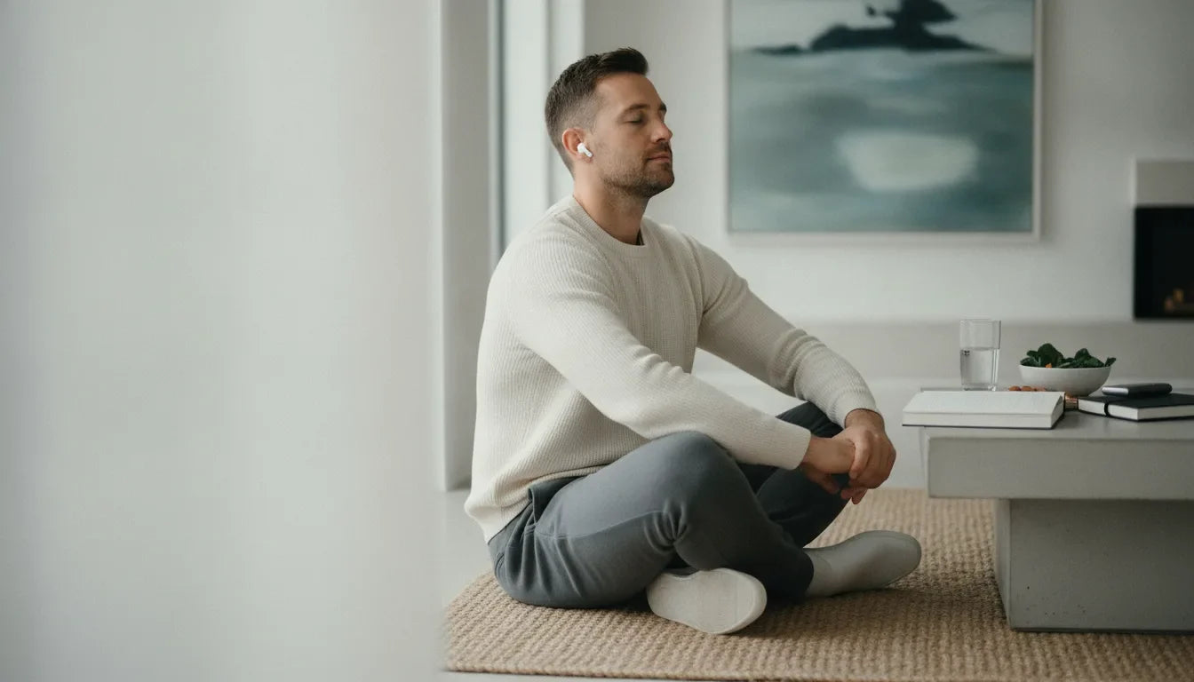 Kille sitter på golvet, lugn efter magnesium