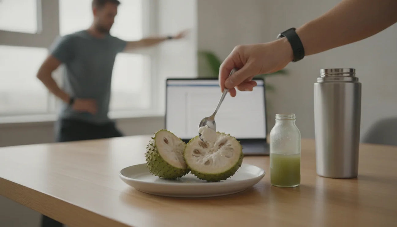 soursop graviola frukt på bord som äts med sked och visar på en smoothie med graviola