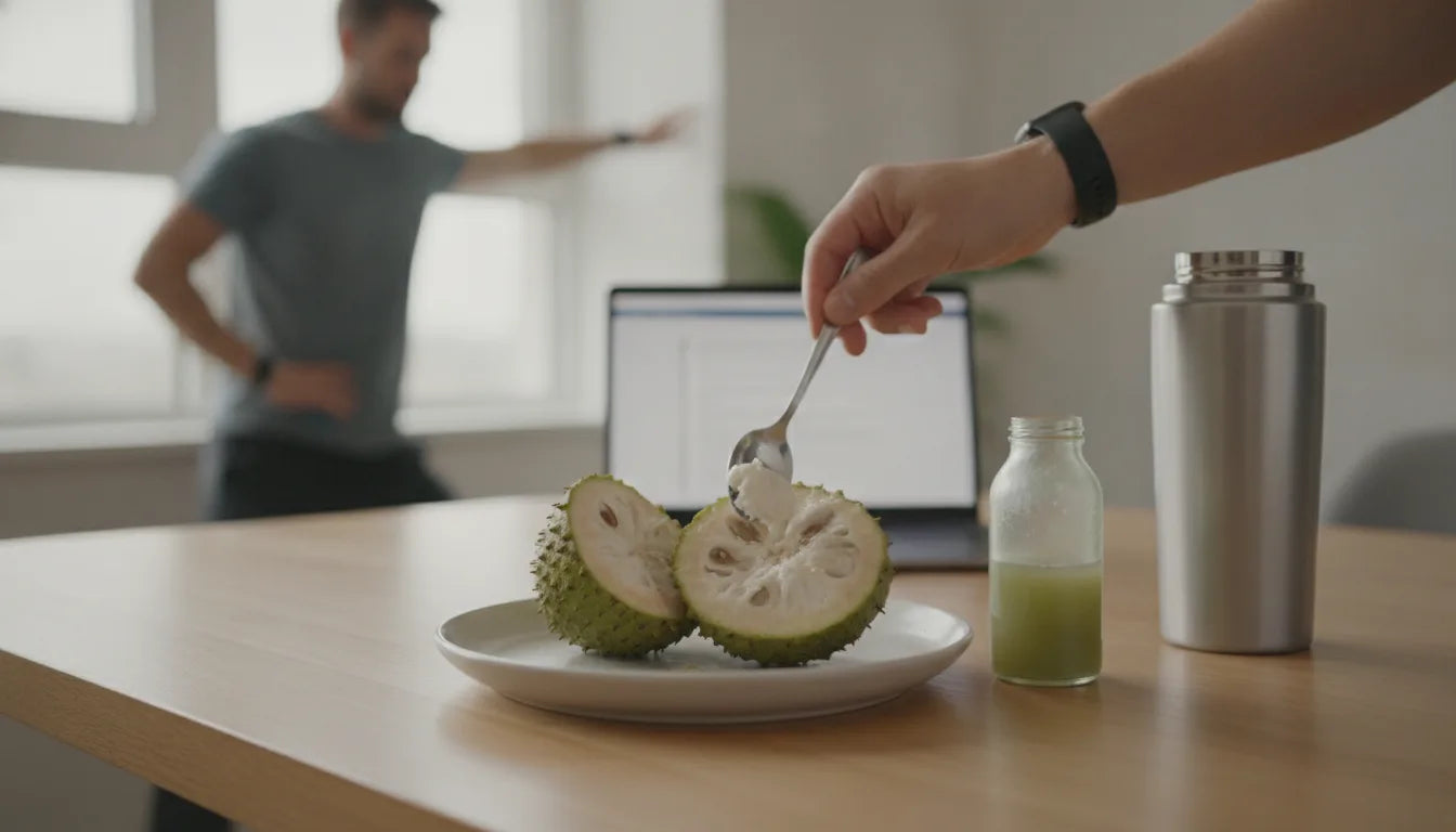 soursop graviola frukt på bord som äts med sked och visar på en smoothie med graviola