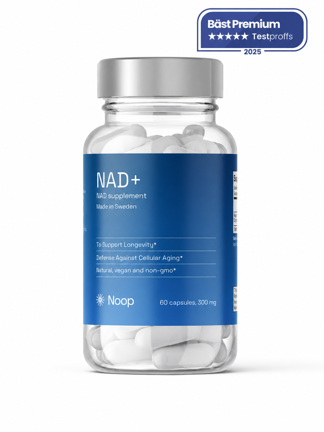 Noop NAD+ 60 kapslar 300mg i glasburk – Bäst Premium Testproffs 2025, vegansk och tillverkad i Sverige