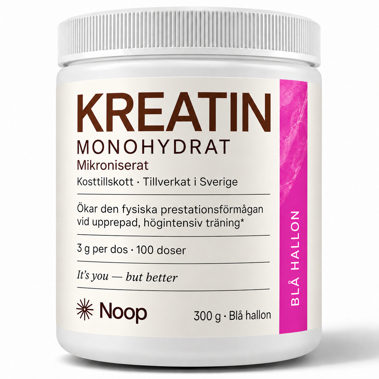 Noop Kreatin Monohydrat i smaken blå hallon – vit burk med rosa etikett, 300 g mikroniserat pulver, 100 doser