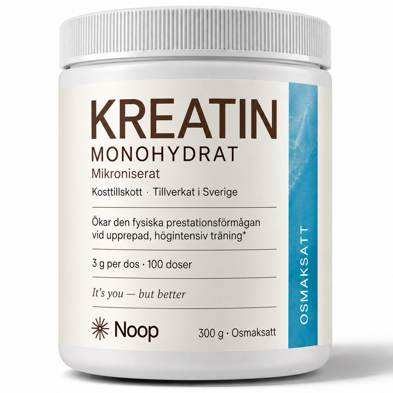 Noop Kreatin Monohydrat osmaksatt – vit burk med blå etikett, 300 g mikroniserat pulver, 100 doser