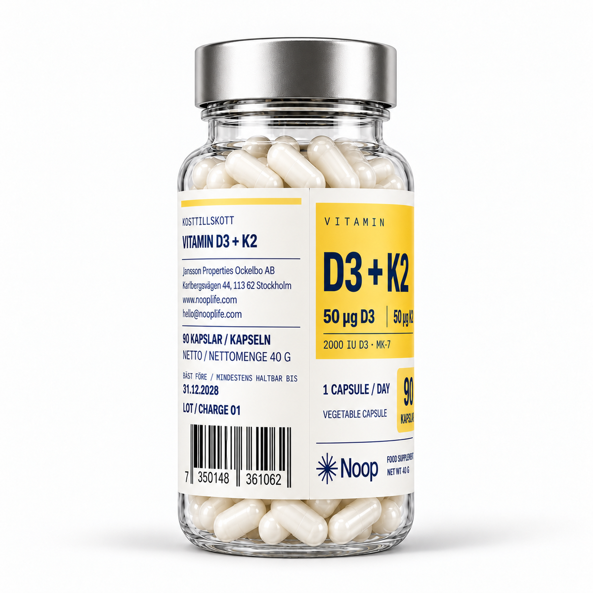 Noop Vitamin D3 + K2 – 90 kapslar, vänster sida