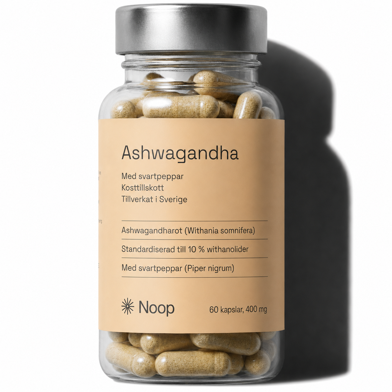 Noop Ashwagandha med svartpeppar – glasburk med beige etikett, 10 % withanolider, 60 kapslar à 400 mg