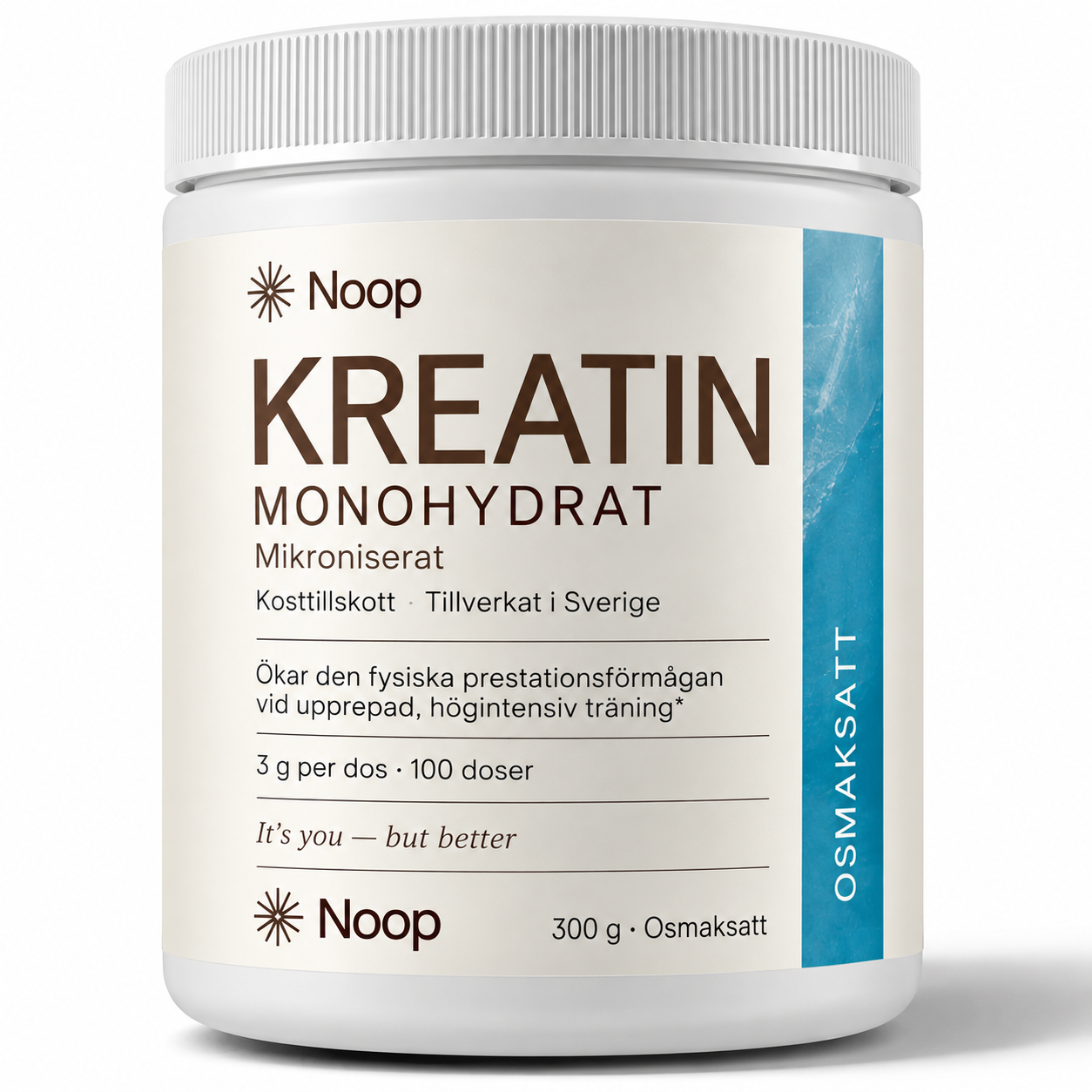 Noop Kreatin Monohydrat osmaksatt – vit burk med blå etikett, 300 g mikroniserat pulver, 100 doser