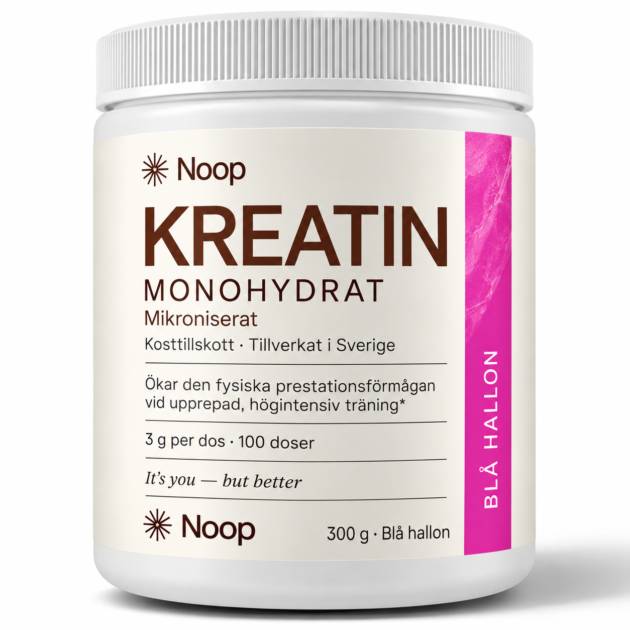 Noop Kreatin Monohydrat i smaken blå hallon – vit burk med rosa etikett, 300 g mikroniserat pulver, 100 doser