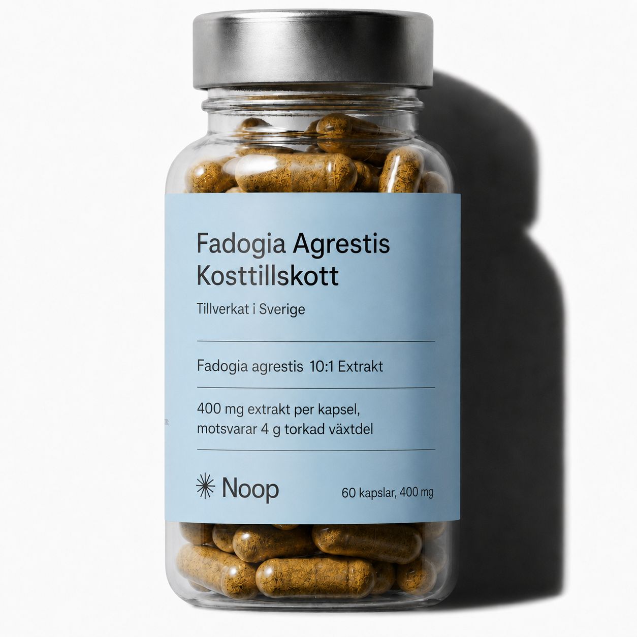 Noop Fadogia Agrestis – glasburk med ljusblå etikett och bruna kapslar, 10:1-extrakt, 60 kapslar à 400 mg