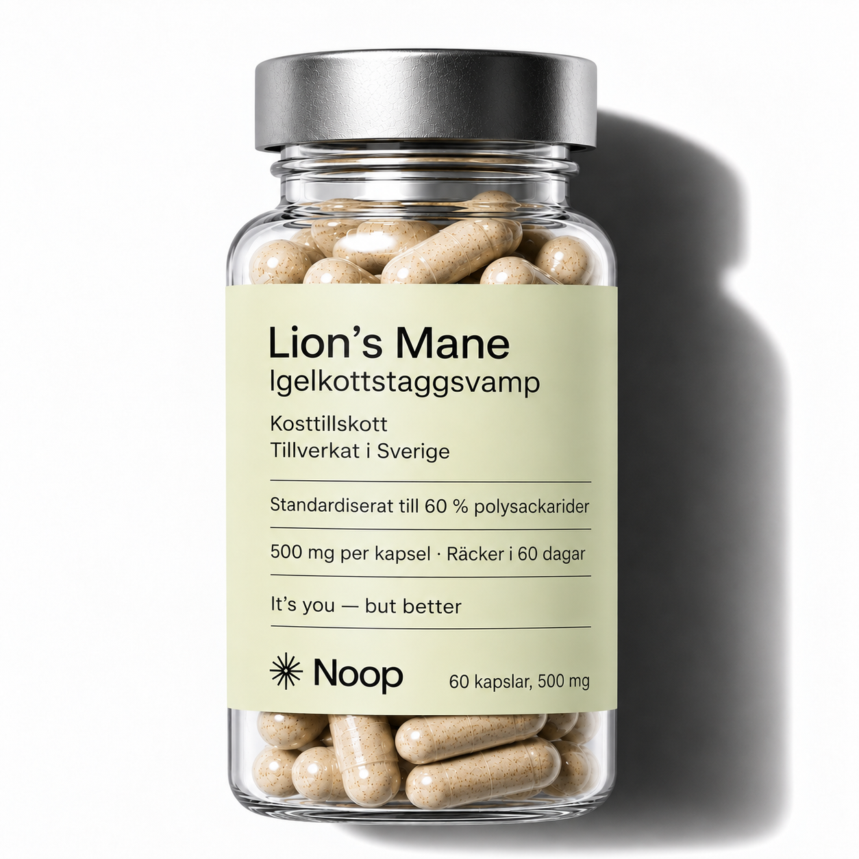 Noop Lion's Mane igelkottstaggsvamp – glasburk med ljusgul etikett, 10:1-extrakt, 60 kapslar à 500 mg