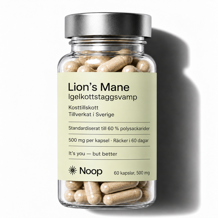 Noop Lion's Mane igelkottstaggsvamp – glasburk med ljusgul etikett, 10:1-extrakt, 60 kapslar à 500 mg