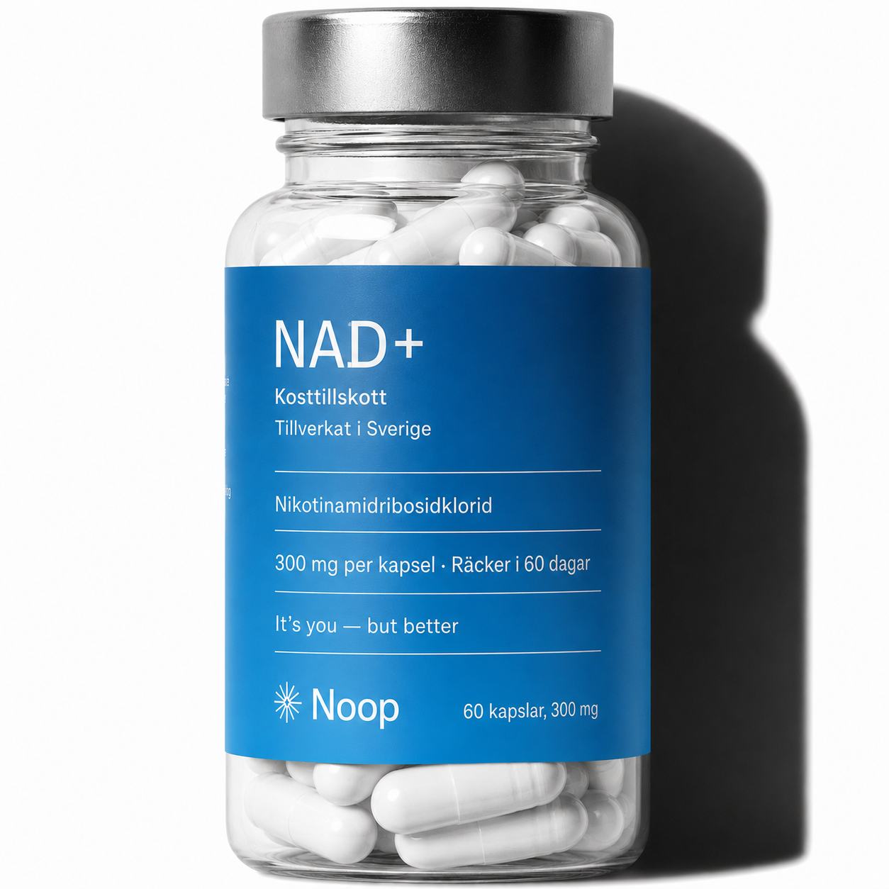 Noop NAD+ nikotinamidribosidklorid – glasburk med blå etikett och vita kapslar, 60 kapslar à 300 mg