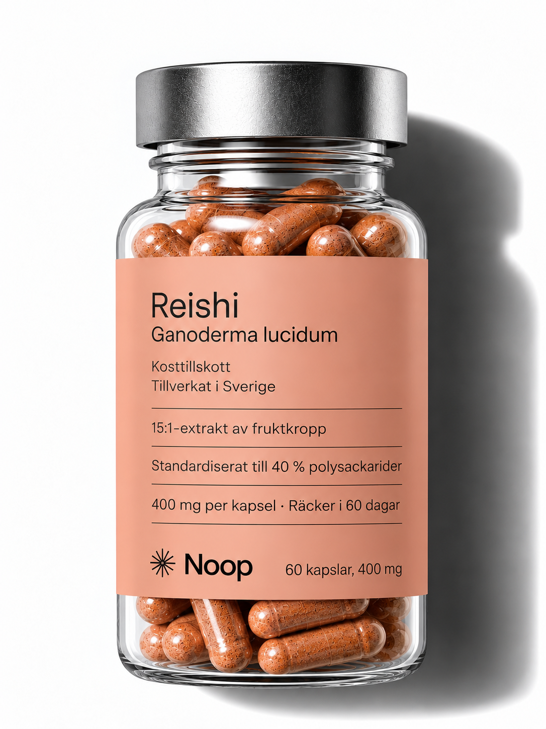 Noop Reishi – glasburk med aprikosfärgad etikett och rödbruna kapslar, 15:1-extrakt, 60 kapslar à 400 mg